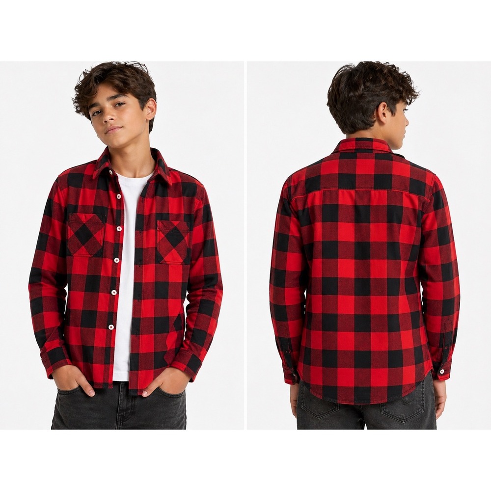 Cat & Jack Flannel Kids XL 14/16 Red Black Buffalo Plaid Button Up Lumberjack
